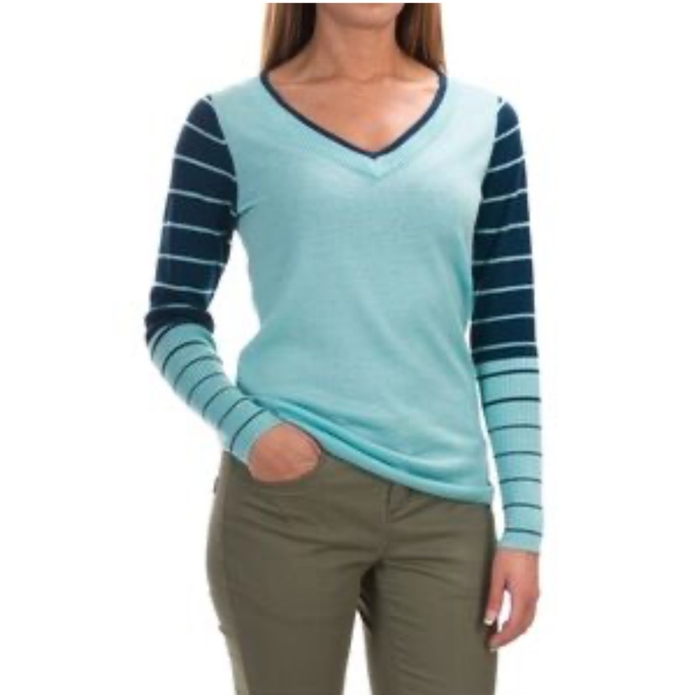 Smartwool Blue Striped V-neck Pullover Knit 100% Wool Sweater W2248 Sz XL
